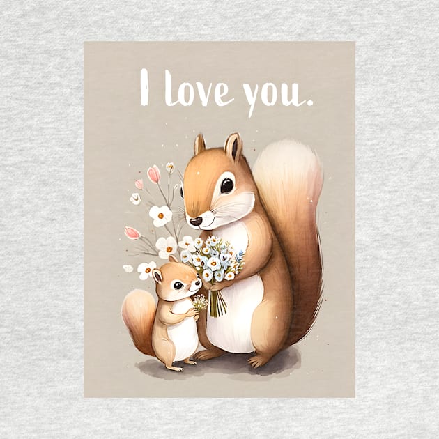 I love you baby squirrel holding flowers by Anicue